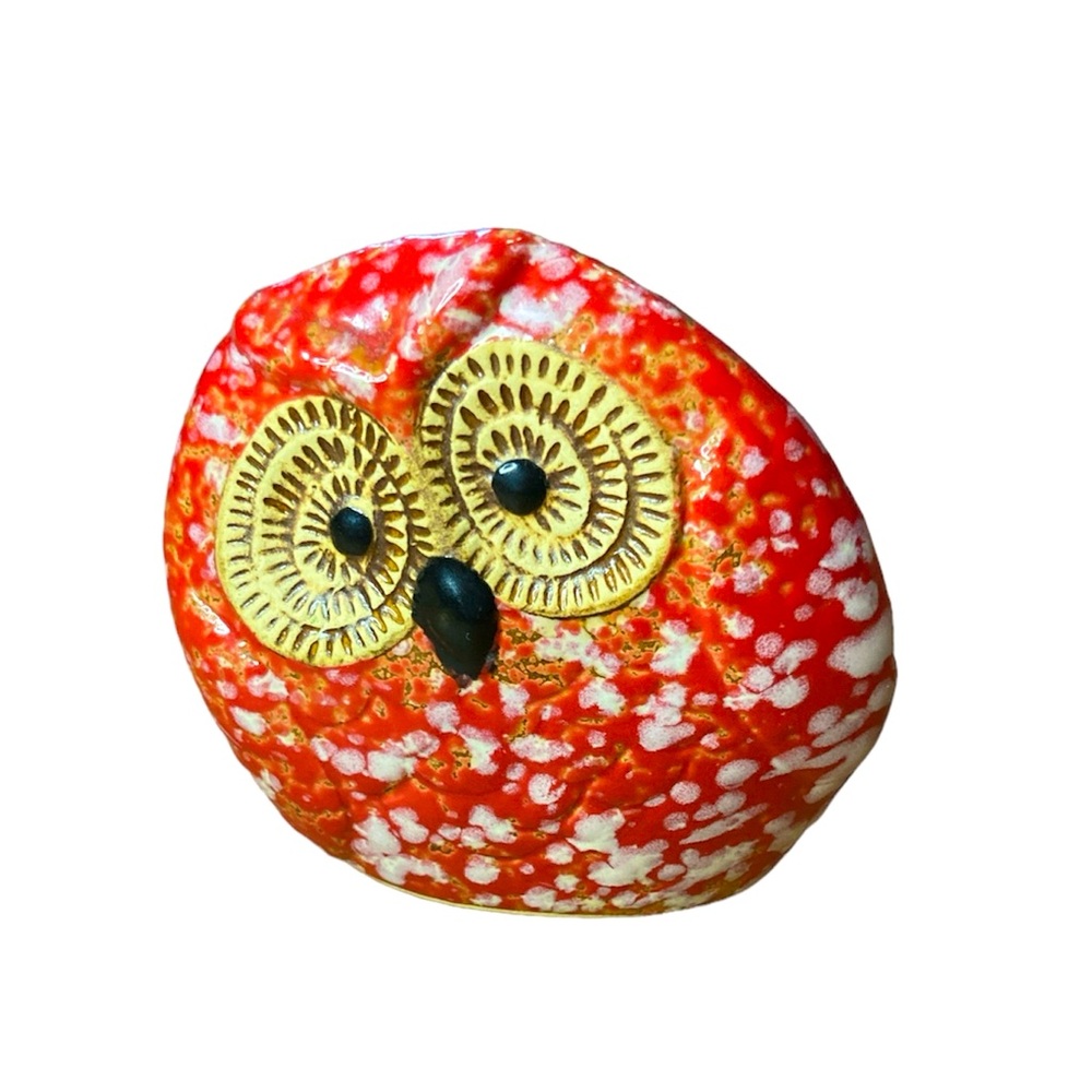 Ceramic Owl Figurine Whimsical Boho Shelf Sitter Farmhouse Decor Orange Speckled